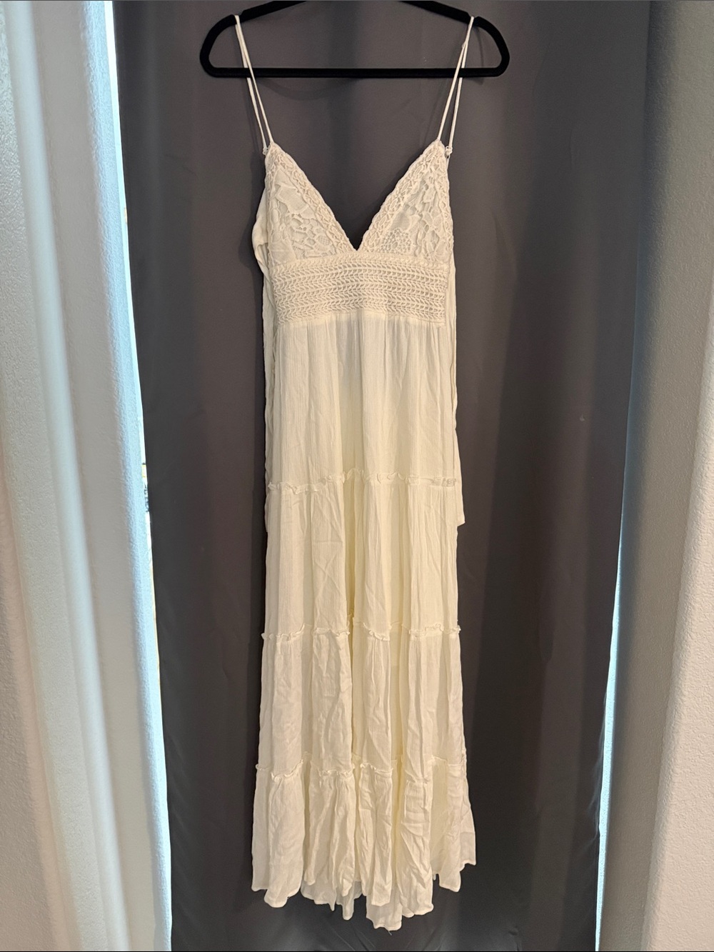 Ivory Crochet-Bodice Maxi Dress with Spaghetti Straps